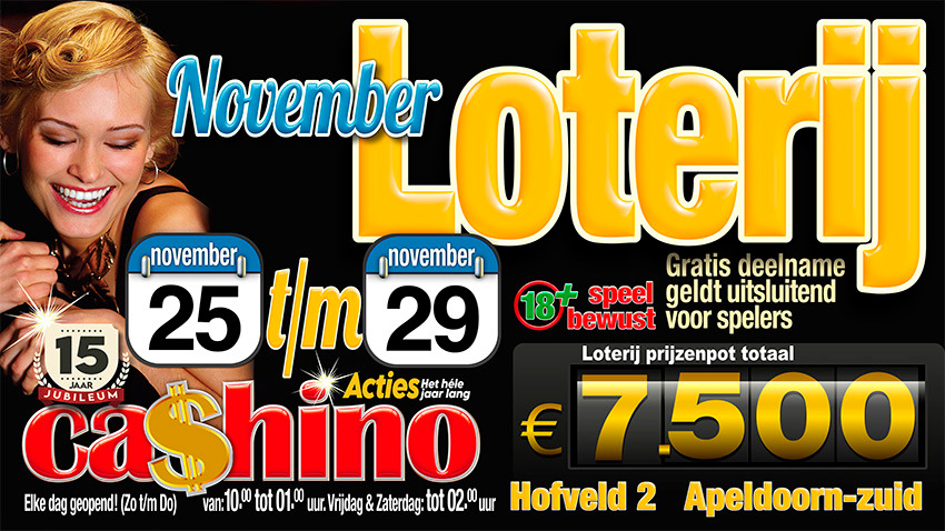Loterij bij Cashino Apeldoorn met prijzen van 7500 euro, van 25 tot 29 november 2025 – Doe mee en win!